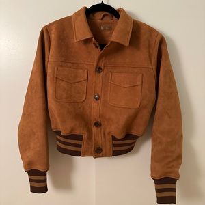 MOTHER Suede Brown Cropped Bomber Jacket